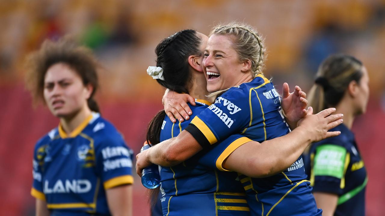 BRISBANE, AUSTRALIA - SEPTEMBER 25: Tayla Preston and Rima Butler celebrate victory during the NRLW Semi Final match between the Sydney Roosters and the Parramatta Eels at Suncorp Stadium on September 25, 2022 in Brisbane, Australia. (Photo by Albert Perez/Getty Images)