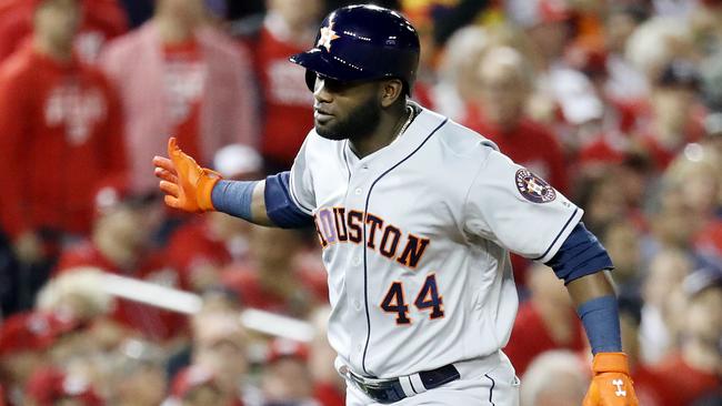 Yordan Alvarez of the Astros celebrates after hitting a two-run home run.