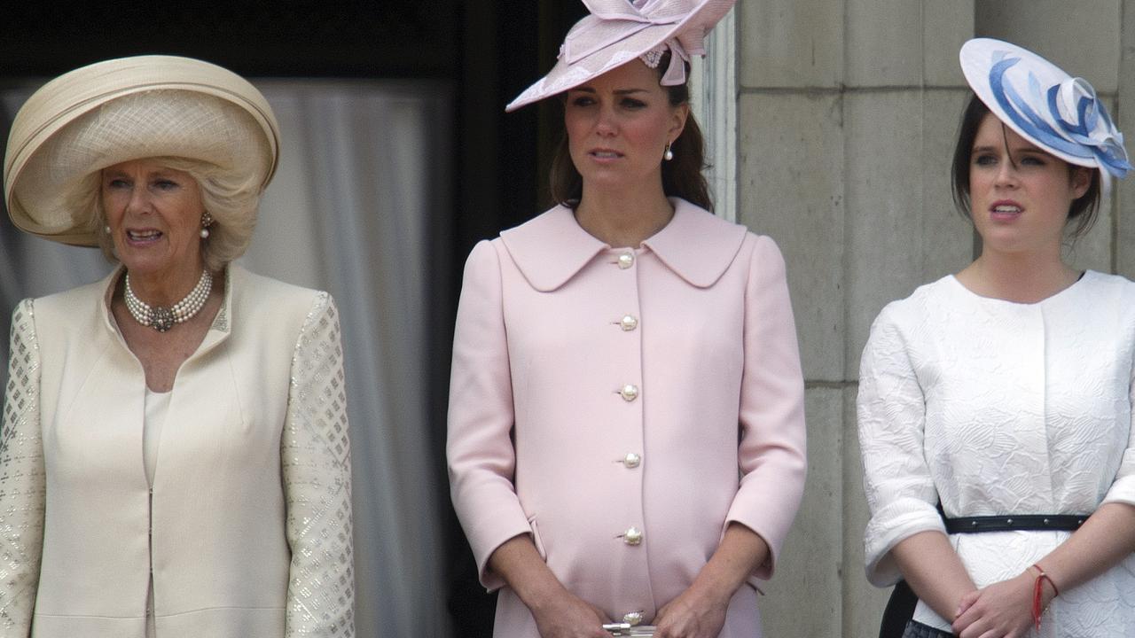 No show! Camilla, Duchess of Cornwall, seen with Catherine, Duchess of Cambridge, and Princess Eugenie of York, won’t be at Eugenie’s wedding. Picture: AFP