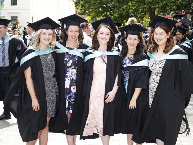 Katelyn Cramer, Sarah Ryan, Ellie Kearns, Naomi Sideris and Phoebe Shires at the UTAS Graduation at Launceston. PICTURE CHRIS KIDD