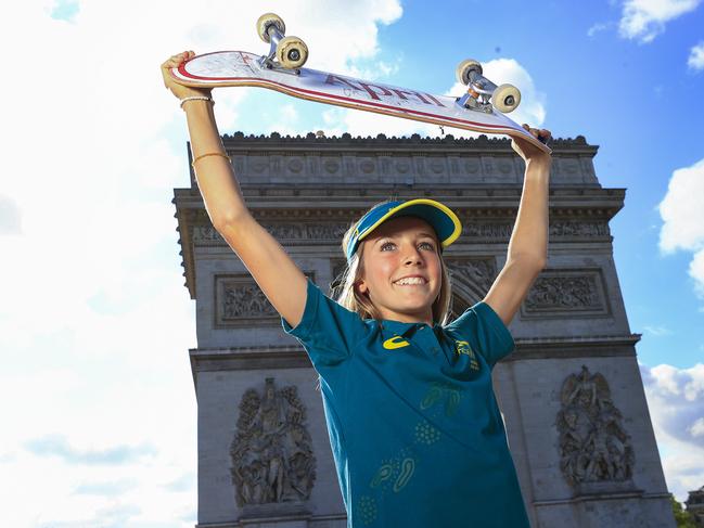 Paris Olympics 2024- Australian skateboarder Chloe Covell takes in Paris and the Champs Elysee before competition starts. Pics Adam Head