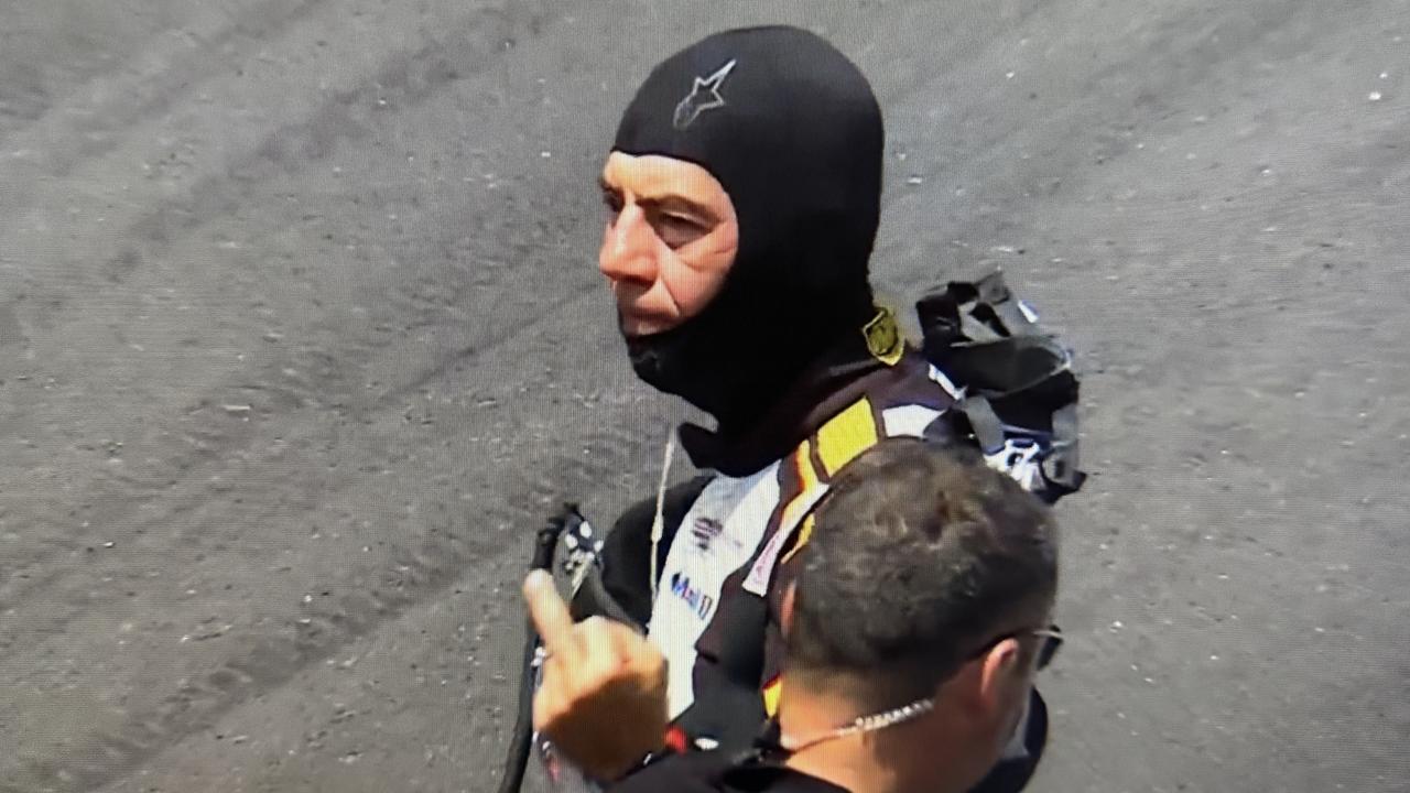 Sam Shahin gesticulating to a fellow driver during the Porsche Carrera Cup race the Adelaide 500. Picture: Supplied