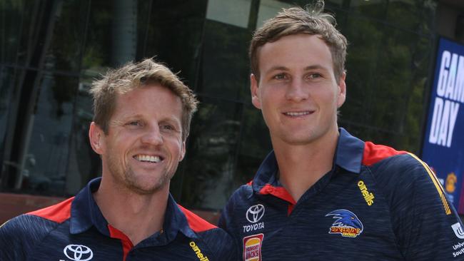 ADELAIDE, AUSTRALIA - Advertiser Photos FEBRUARY 11, 2023: Crows AFL Press conference at Adelaide Oval announcing Jordan Dawson (R) as the new Crows captain, replacing Rory Sloane (L). Picture Emma Brasier