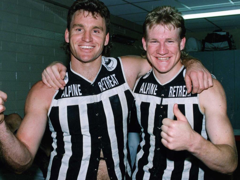 Scott Hodges and Nathan Buckley giving thumbs up gesture after winning the 1992 grand final. Picture: Neon Martin