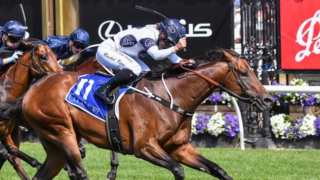 Rachel King became the first female jockey to win the Coolmore Stud Stakes. Picture: Pat Scala/Racing Photos via Getty Images