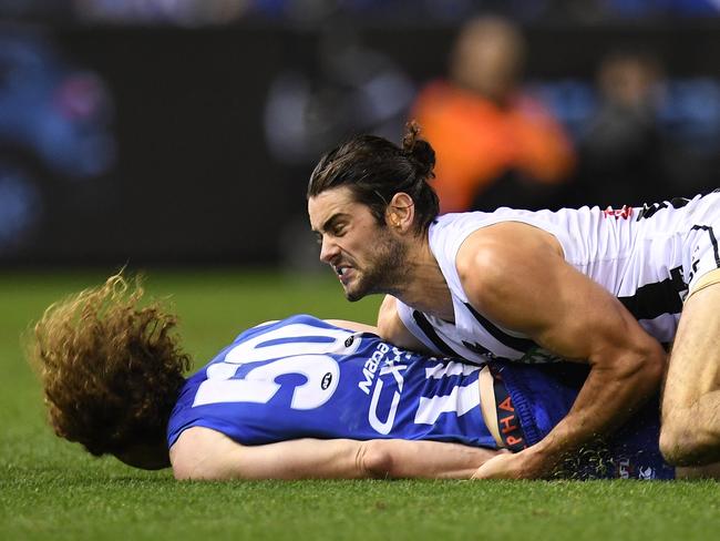 Grundy drives Brown into the ground. Picture: Getty Images