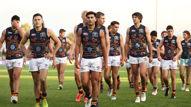 The Crows walk off after they were defeated by the Bulldogs in Ballarat. Picture: Robert Cianflone/Getty Images