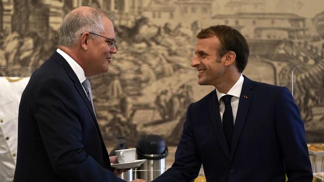 Prime Minister Scott Morrison and French President Emmanuel Macron at the G20 in 2021. Picture: Adam Taylor