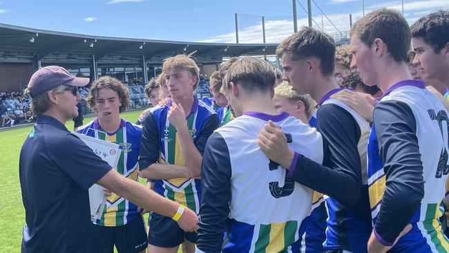 St Patrick's College coach Jason Lappin talks to his players. Picture: Shane Jones.