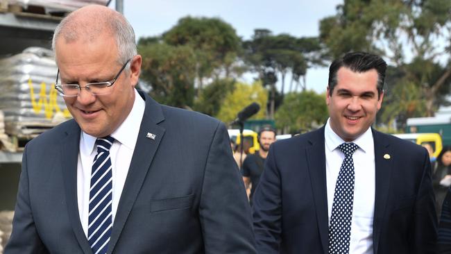 Prime Minister Scott Morrison with Liberal member for Deakin Michael Sukkar who has a battle to retain the seat. Clive Palmer’s party is polling well there. Picture: AAP