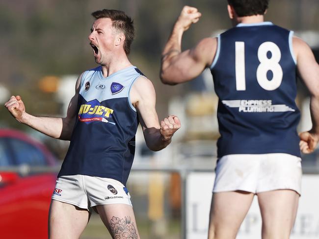 SFL.  Ryan Martin Lindisfarne celebrates a goal.  Huonville Lions V Lindisfarne.  Picture: Nikki Davis-Jones