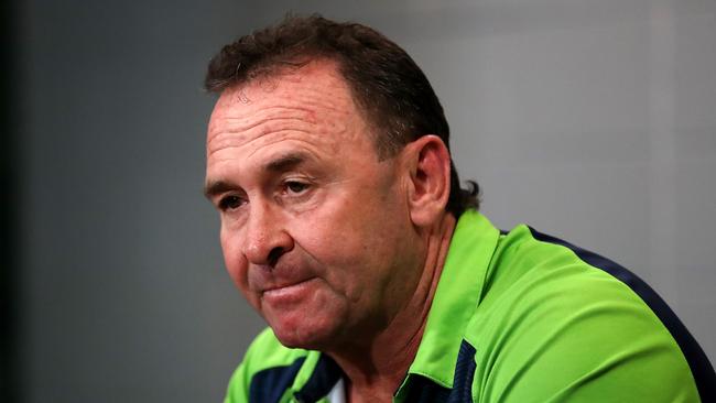 BRISBANE, AUSTRALIA - OCTOBER 16: Raiders Coach Ricky Stuart speaks to the media after the NRL Preliminary Final match between the Melbourne Storm and the Canberra Raiders at Suncorp Stadium on October 16, 2020 in Brisbane, Australia. (Photo by Jono Searle/Getty Images)