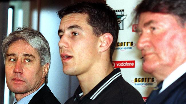 Warren Tredrea (centre) alongside Geof Motley (right) and Port Adelaide chief executive Brian Cunningham in 1999 after signing his long-term contract to stay at the club.