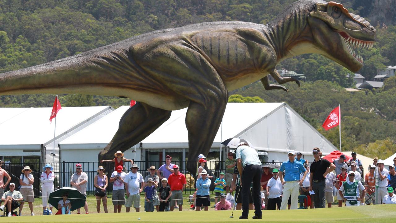 BIG PRESENCE: The 2012 Australian PGA Championship at Palmer Resort and Jeff the dinosaur. Photo: Brett Wortman / Sunshine Coast Daily