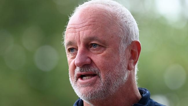 MELBOURNE, AUSTRALIA - MARCH 27: SocceroosÃ¢â¬â¢ Head Coach Graham Arnold speaks to the media during an Australia Socceroos Media Opportunity at Federation Square on March 27, 2023 in Melbourne, Australia. (Photo by Quinn Rooney/Getty Images)