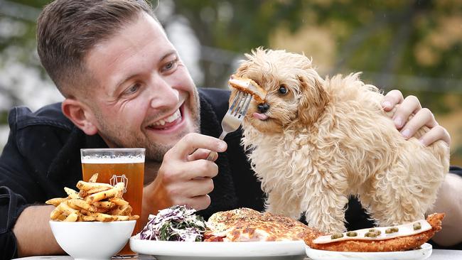 Executive chef Christian Abbott and Brandy the cavoodle enjoying their parmas together in the beer garden. Picture: David Caird