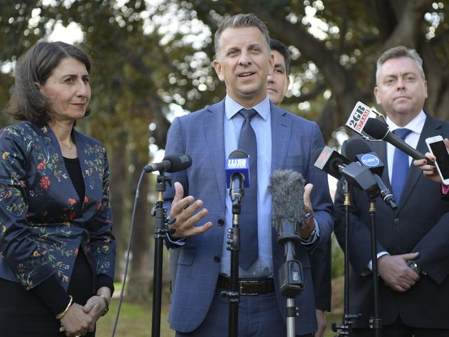 Berejiklian, transport minister Andrew Constance, Parramatta Liberal MP Geoff Lee and planning minister Anthony Roberts announce construction will begin in under a year for the Parramatta light rail. Picture: Simon Bullard