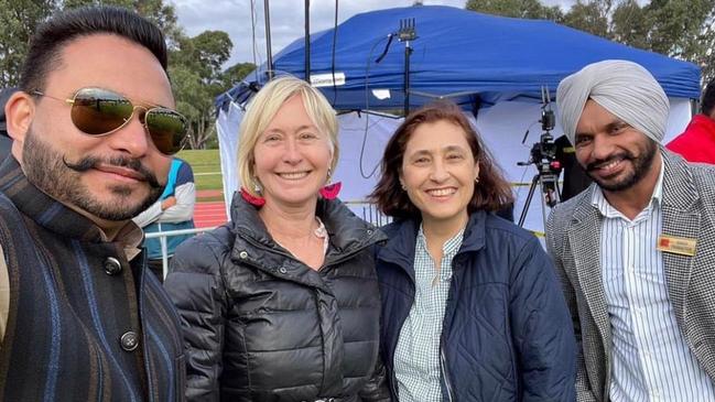 Harjeet Chahal with Labor MP Bronwyn Halfpenny, Energy Minister Lily D’Ambrosio and Lovedeep Singh Khakh at a kabbadi event in April.