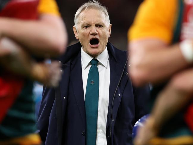 CARDIFF, WALES - NOVEMBER 17:  Joe Schmidt, Head Coach of Australia shouts instructions during the players warm up prior to  the Autumn Nations Series 2024 match between Wales and Australia at Principality Stadium on November 17, 2024 in Cardiff, Wales. (Photo by Michael Steele/Getty Images)