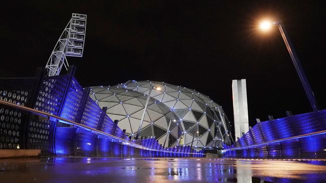 AAMI Park stadium illuminated in blue. Picture: AAP