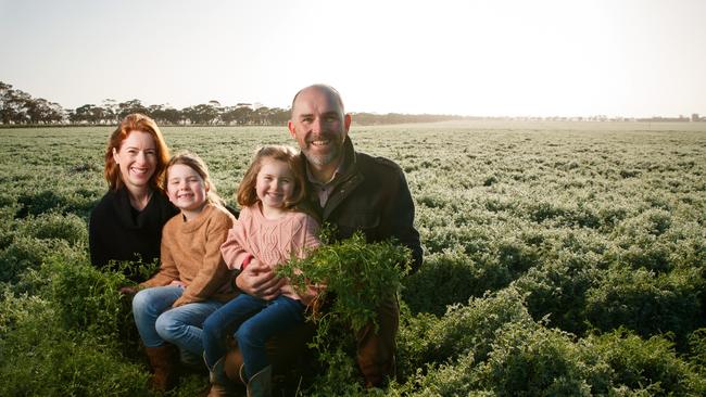 Phillipa and Skeet Lawson with their girls Annabelle 5 and Georgia 7 among their lentils in Pinnaroo on October 1, 2020. Picture: Matt Turner