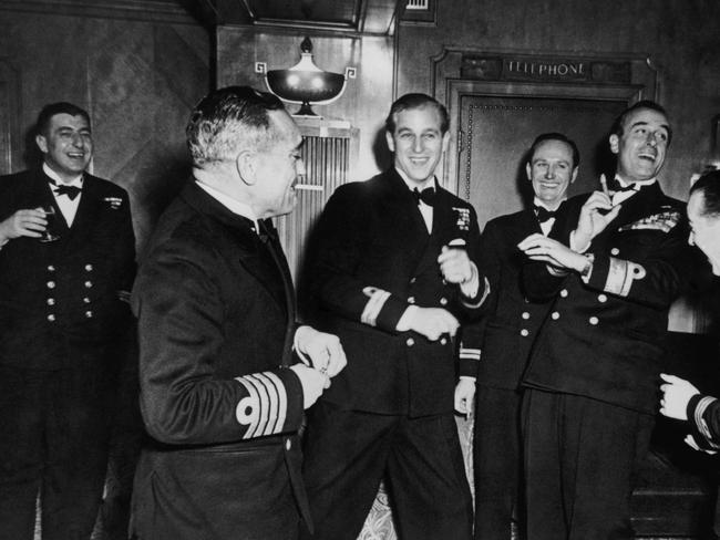 The Duke of Edinburgh with friends at his bachelor party in 1947. Picture: Getty Images