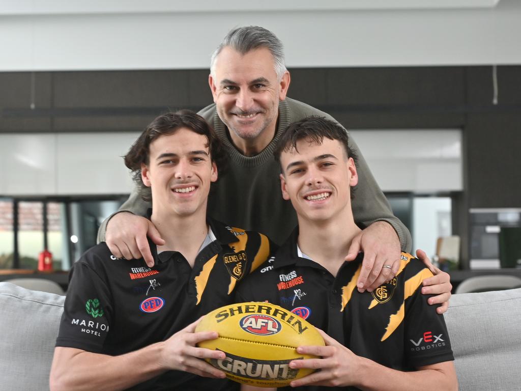 Former Blue Scott Camporeale with his twin boys and rising footy stars, Ben and Lucas. Picture: Keryn Stevens