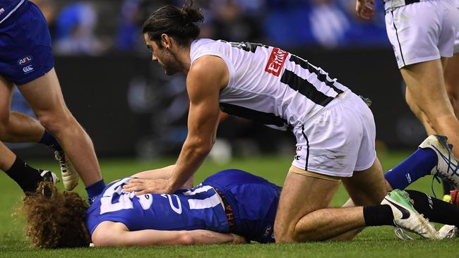 Brodie Grundy’s tackled knocked out Ben Brown.