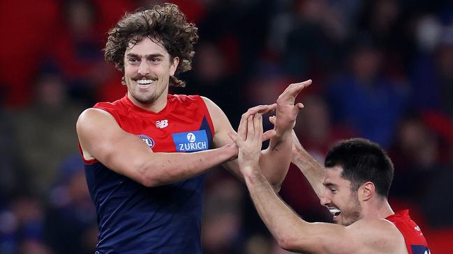 Luke Jackson of the Demons celebrates a goal. Picture: Mark Stewart