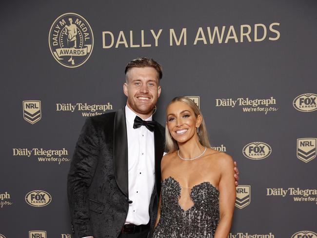 DAILY TELEGRAPH SEPTEMBER 28, 2022. Cameron Munster and Bianca McMahon on the red carpet for the 2022 Dally M Awards, held at Royal Randwick Racecourse. Picture: Jonathan Ng