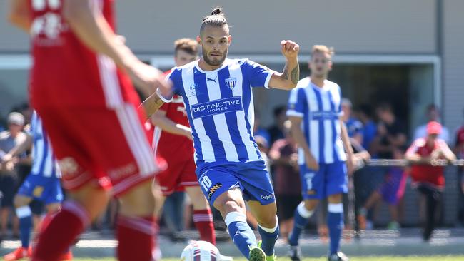 Ricardo Da Silva, pictured playing for West Adelaide in 2017, scored on his return to the Hellas from Olympic. Picture: Stephen Laffer