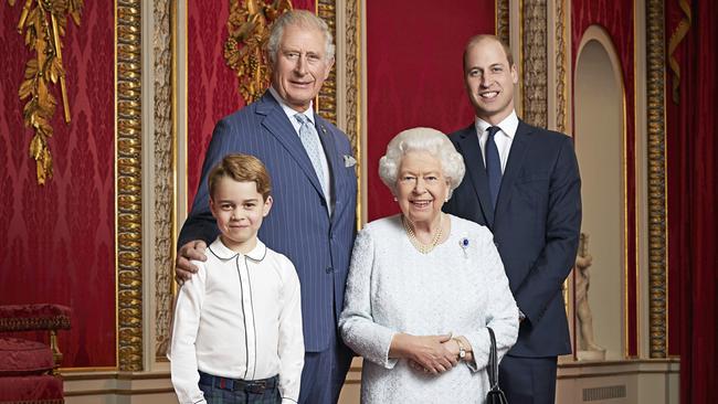 Line of duty: Prince William with, from left, Prince George, the Prince of Wales and the Queen, Buckingham Palace, 2019. Picture: Ranald Mackenzie / Camerapress / Australscope