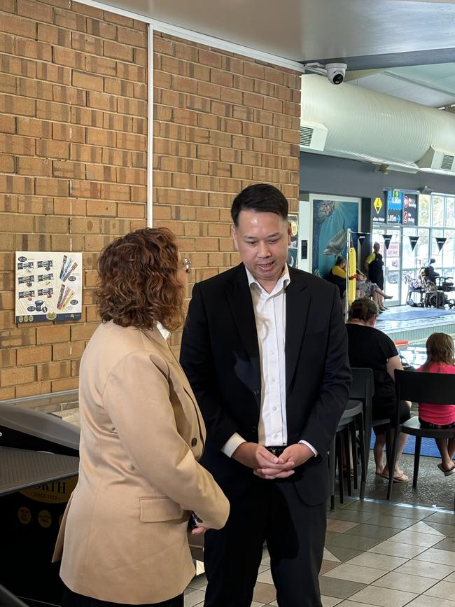 Amanda Rishworth MP and Onkaparinga council CEO Phu Nguyen at the Noarlunga Aquatic Centre on Monday. Picture: Charlie Dadds,