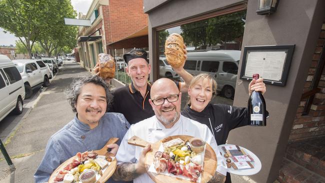 Bendigo chefs Laurie Whelan from The Good Loaf sour dough bakery, Bob Yam from the Malayan Orchid, Hayley Tibbett from Indulge Chocolates and Paul Pitcher from The Woodhouse. Picture: Rob Leeson