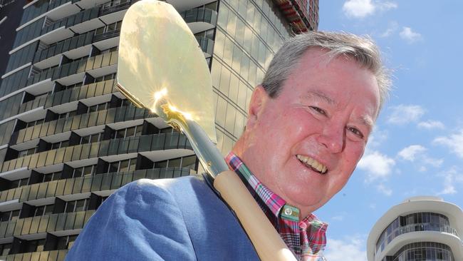 The Star Entertainment Group sod turning ceremony at their new development site at Broadbeach. John O'Neill, Chairman of  The Star Entertainment Group, with his gold shovel. Picture Glenn Hampson