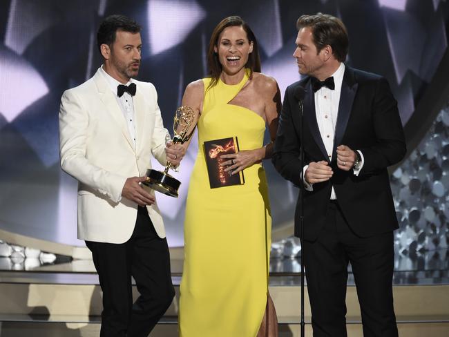 Host Jimmy Kimmel swooped in to snatch Maggie Smith’s award, saying it would be left in the lost and found for her. Picture: Chris Pizzello/Invision/AP