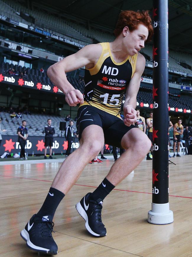 Ed Richards tries to catch the eye of AFL scouts at the AFL Draft Combine at Etihad Stadium. Picture: Getty Images