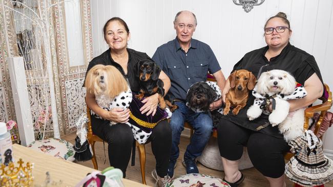 At The Enchanted Mirror are (from left) Karen, Shane and Liz Buckley with dogs (from left) Caspian, Louis, Hugo, Frankie and Zorro in their Bridge St pet grooming salon, Thursday, February 13, 2025. Picture: Kevin Farmer