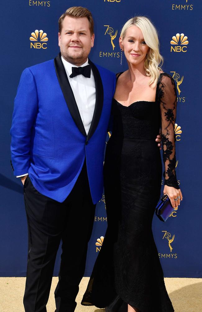Glamour couple … Corden and wife Julia Carey have made Hollywood home. Picture: Supplied
