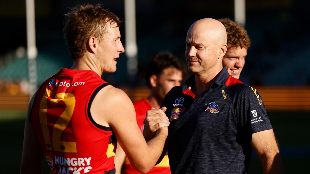 Crows coach Matthew Nicks with captain Jordan Dawson. Picture: Michael Willson/AFL Photos via Getty Images