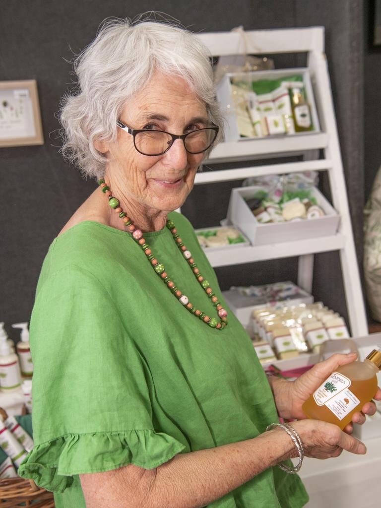 Judy Felton-Taylor with her products from Jojoba Natural. Bush Christmas at the Masonic Centre in Neil St. Saturday, November 26, 2022. Picture: Nev Madsen.