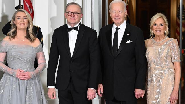 Jodie Haydon (l to r) with her partner Anthony Albanese, US President Joe Biden and First Lady Jill Biden during the PM’s trip to Washington in October. Picture: AFP