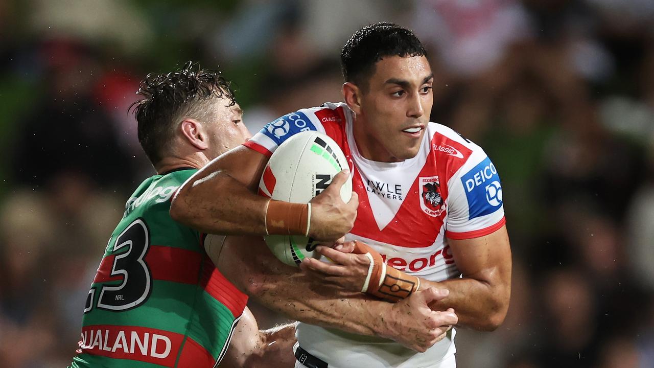 SYDNEY, AUSTRALIA - FEBRUARY 17: Tyrell Sloan of the Dragons is tackled during the NRL Pre-Season Challenge round one match between St George Illawarra Dragons and South Sydney Rabbitohs at Netstrata Jubilee Stadium on February 17, 2024 in Sydney, Australia. (Photo by Matt King/Getty Images)