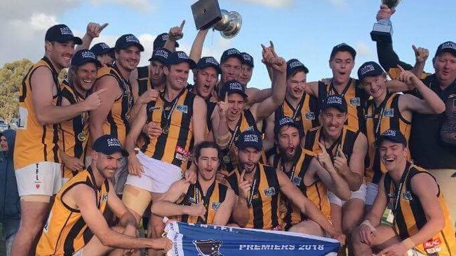 Mundulla celebrates after winning the 2018 Kowree-Naracoorte-Tatiara Football League grand final against Keith. Picture: Jayne Gregurke