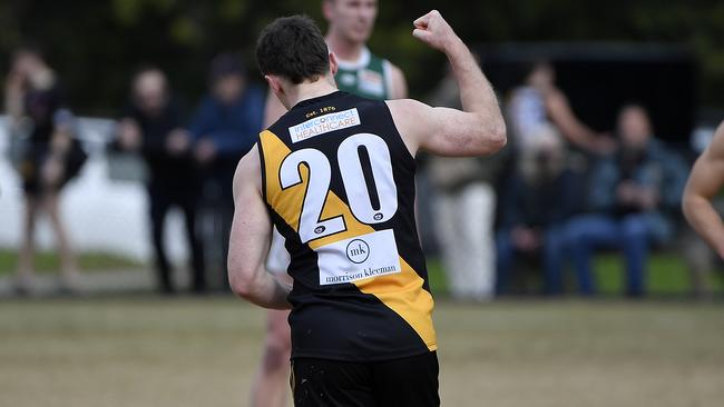 Johnathan Tomasiello celebrates a goal for Heidelberg. Picture: Andrew Batsch