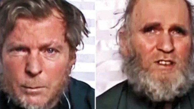 Australian professor Timothy Weeks and his American colleague Kevin King in an image released by the Taliban while the pair were being held in captivity in Afghanistan