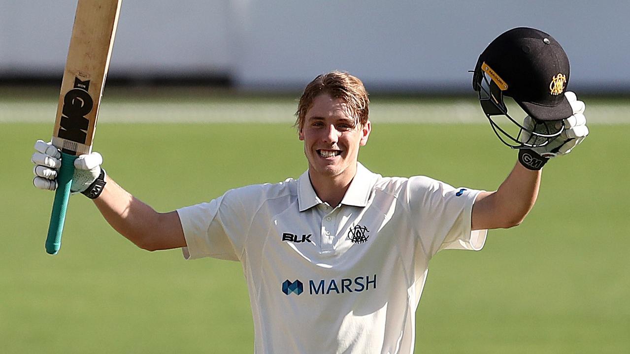 Cameron Green celebrates his maiden Sheffield Shield century.