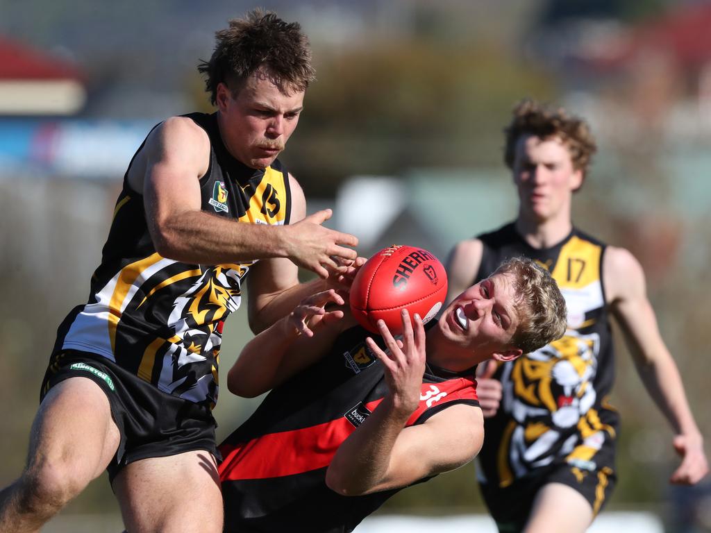 George O'Neill Tigers and Mitchell Nicholas North Launceston. TSL grand final Kingborough Tigers V North Launceston. Picture: Nikki Davis-Jones