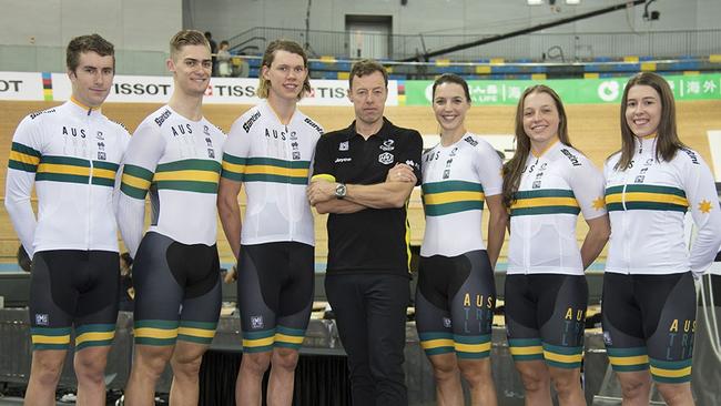 Simon Jones with Australian team members. Picture: Casey Gibson