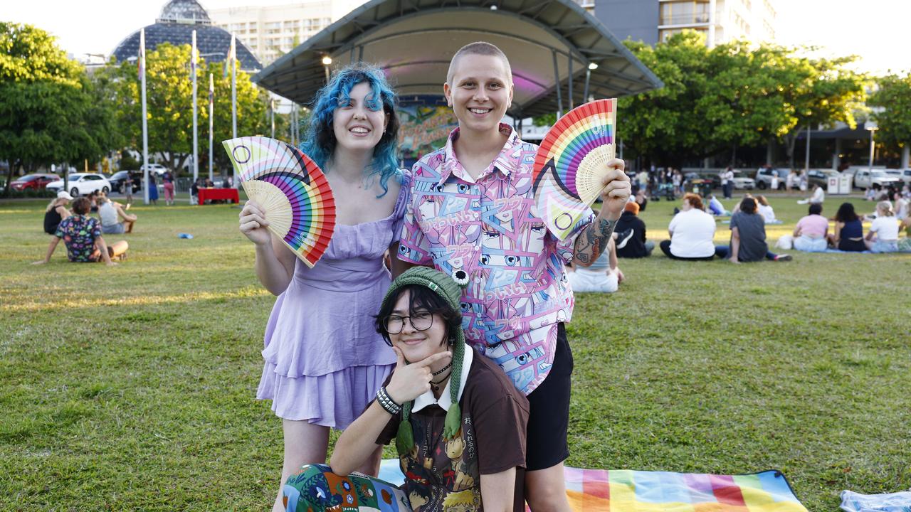 Zoe Carlson, Luciel Morgan and Nicki Schrederis at the Cairns Pride Evening of Light at Forgarty Park on Sunday, part the 2023 Cairns Pride Festival. Picture: Brendan Radke